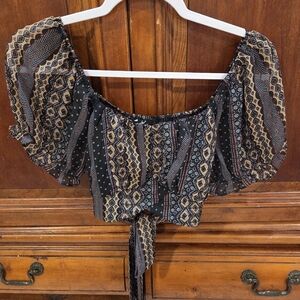 Papaya Geometric Puff Sleeve Blouse - Black and Brown